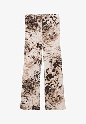 Bedruckte Weitbein-Hosen aus leichtem Stoff mit einer Mischung aus braunen, beigen und schwarzen abstrakten Mustern und Texturen.