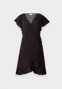 Abito nero avvolgente con maniche a volant corte, stampa floreale in rosa e bianco, scollatura a V profonda, fiocco laterale e dettaglio di orlo arricciato. Realizzato in tessuto morbido.