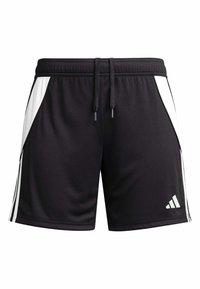 Pantaloni scurți sport negri cu dungi albe pe laterale, talie elastică, șnur ajustabil și logo Adidas pe partea dreaptă jos.