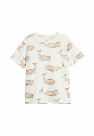 Hvid skjorte med korte ærmer med brune hvalillustrationer over hele stoffet, designet til børn.
