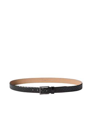 Cintura in pelle nera con motivo in rilievo e fibbia quadrata in argento, lato interno beige chiaro con il nome del marchio Calvin Klein.