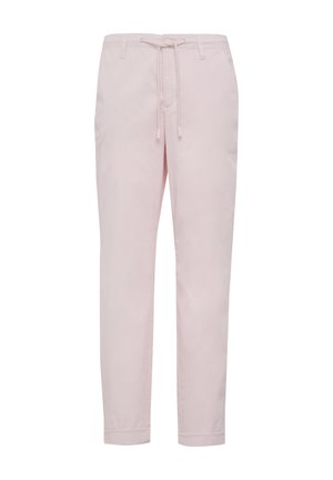 Light pink, cotton trousers with a drawstring waist, tapered legs, and no visible patterns or hardware details. Smooth texture throughout.