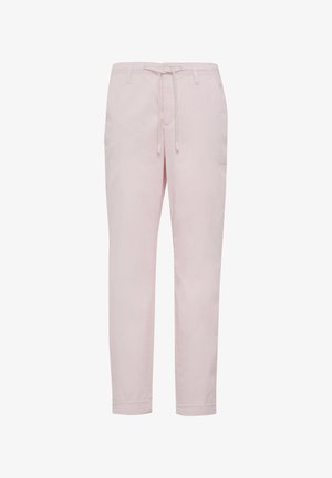 Helle rosa Baumwollhosen mit einem Kordelzugbund, schmal zulaufenden Beinen und ohne sichtbare Muster oder Hardwaredetails. Durchgehend glatte Textur.
