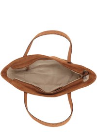 Brown suede tote bag with leather handles. Open top with zipper pocket, beige interior lining, smooth texture, and rounded shape.