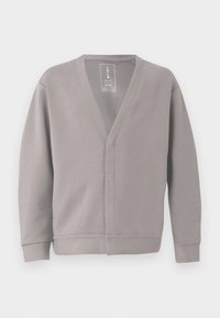 Grå långärmad cardigan med V-ringning. Tillverkad av mjukt material, har en avslappnad passform och rena sömmar. Ingen knäppning eller utsmyckning.