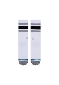 Weiße Socken mit zwei horizontalen streifen in Schwarz und Grau, einem blauen Akzent an der Bünte und einem hellgrauen Zehenbereich mit strukturiertem Finish.