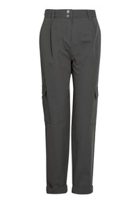 Cargo pants in donkergrijs, gemaakt van zachte stof. Kenmerken zijn onder andere twee zijzakken, afgewerkte hemden en een dubbele knoopsluiting bij de taille.