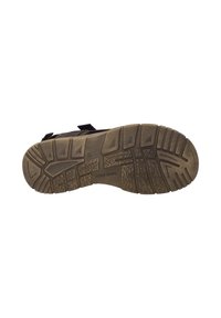 Brązowa podeszwa sandałów z teksturowanym gumowym wzorem z rowkami i wzorami, zapewniająca przyczepność. Zawiera logo marki po boku.