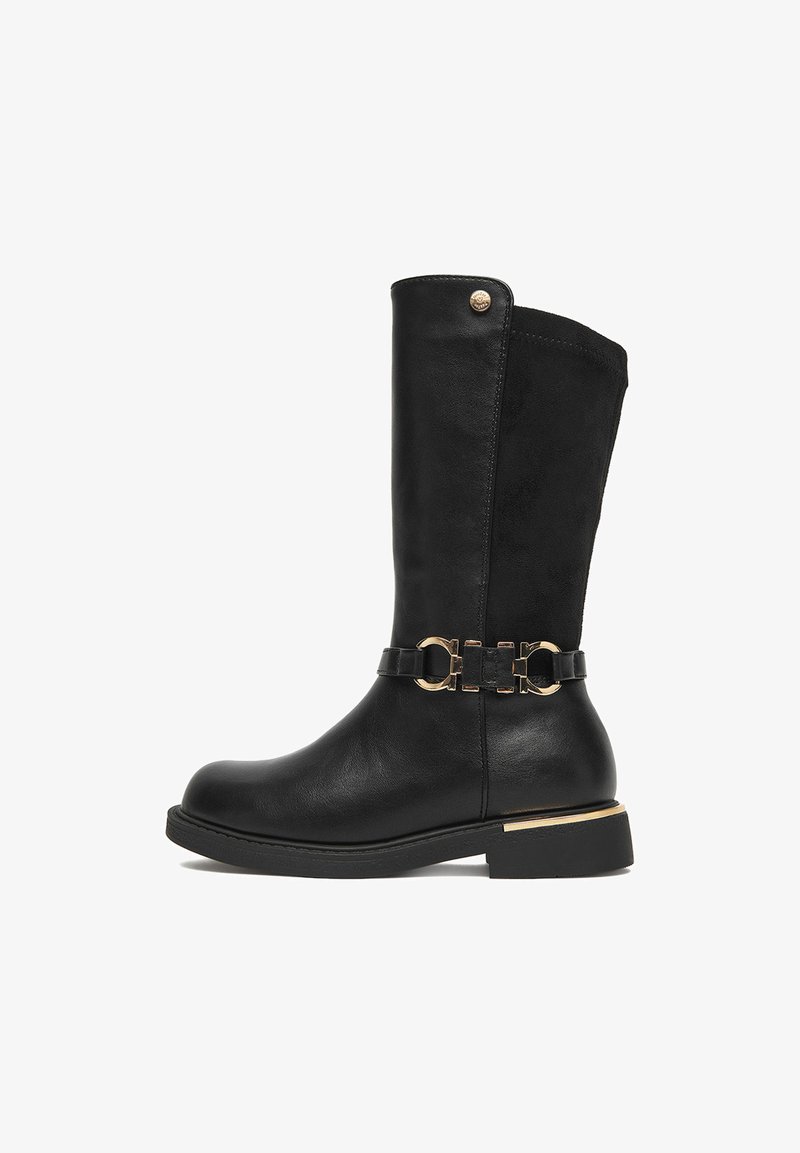 Mustad nahast põlvikud, mis on sileda viimistlusega, kujundatud kuldse pannaldetailsusega ja madala kontsaga plokk.