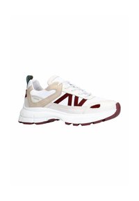 Sneaker con una toma superiore in mesh bianco, dettagli beige, strisce con logo bordeaux e una suola spessa bianca. Presenta un tassello sul tallone verde e dettagli testurizzati.