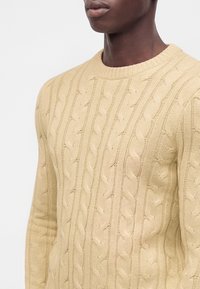Homme portant un pull beige en maille torsadée avec un col rond, montré de la poitrine vers le haut sur un fond clair uni.