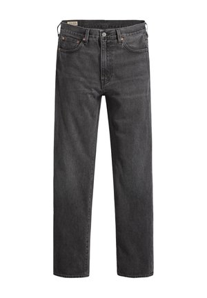 Dark gray denim jeans with a straight-leg cut, five pockets, and copper rivets. Classic design with a slightly faded texture.