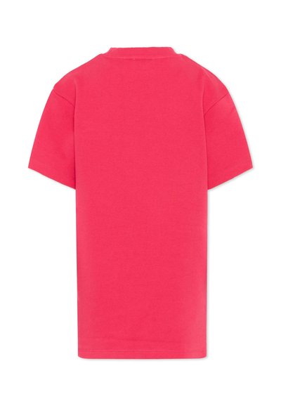 T-shirt en coton à manches courtes de couleur rose vif unie, vu de dos, avec un col rond et un ourlet droit.