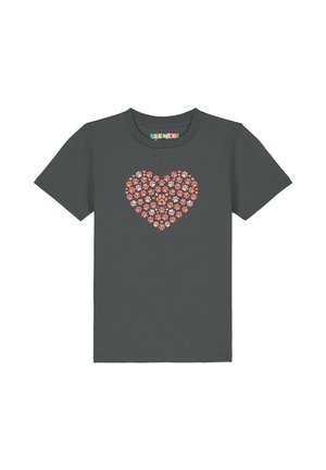 Dunkelgraues Kurzarm-T-Shirt mit einem herzförmigen Muster aus kleinen pinkfarbenen Pfotenabdrücken, zentriert auf der Brust.