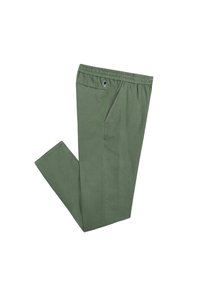 Groene, elastische broek met een zachte stof, voorzien van zijzakken en een klein logo-detail op de achterkant. Rechtermiddellijn ontwerp.