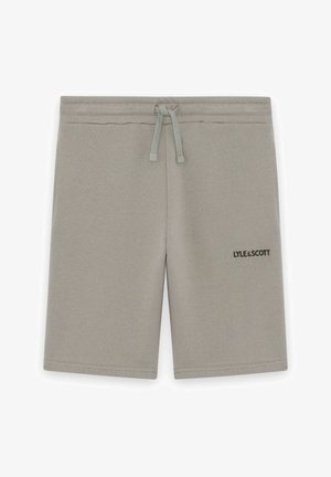 Shorts gris clair à cordon de serrage avec taille élastique, logo "LYLE & SCOTT" imprimé sur la jambe inférieure droite.