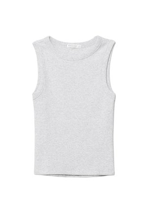 Srajca brez rokavov, svetlo sive barve, kratka, z okroglim izrezom, izdelana iz mehke pletene tkanine.