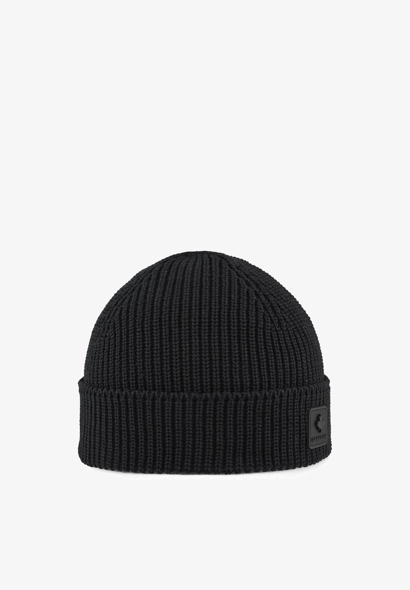 Mustat neulottu pipo, jossa on ribbikuvio, pyöreä huippu ja käänneosa. Edessä pieni musta logopatch.