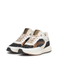 Tennarit, joissa on valkoista nahkaa, mustaa teksturoitua kangasta ja pronssisia yksityiskohtia. Nyöritettävä malli, jossa on ylellinen sisävuori ja teksturoitu pohja.