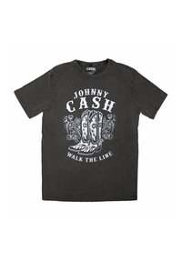 Black cotton t-shirt featuring a graphic print of cowboy boots and floral designs. Text reads "JOHNNY CASH" and "WALK THE LINE."
