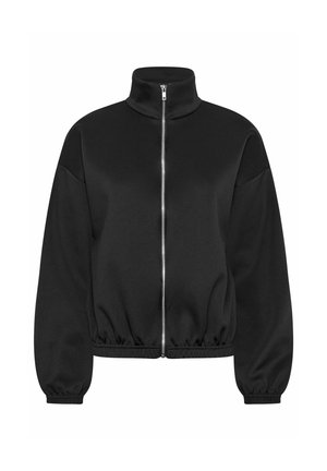 Giacca nera con collo alto e zip, polsini ed orlo elasticizzati, maniche lunghe e tessuto liscio.