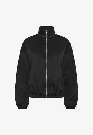 Giacca nera con collo alto e zip, polsini ed orlo elasticizzati, maniche lunghe e tessuto liscio.