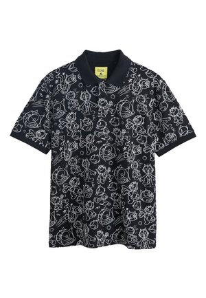 Black short-sleeve polo shirt with white cartoon cat characters and playful doodles printed all over.