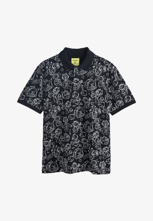 Black short-sleeve polo shirt with white cartoon cat characters and playful doodles printed all over.