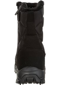 Svart quiltad tyg stövel i ankelhöjd med konstfuskpäls och dragkedja på sidan, med en texturerad gummisula för bra grepp.