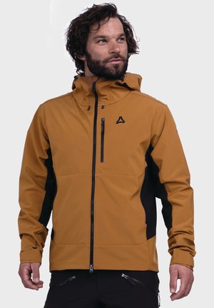 Brown and black waterproof jacket with a hood, front zipper, and chest pocket. Features stretchy material and a sleek, fitted design.