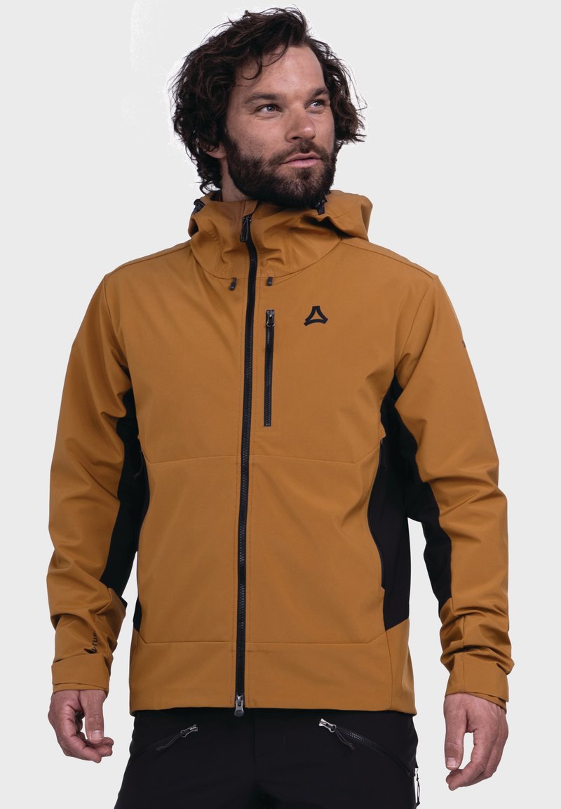 Brown and black waterproof jacket with a hood, front zipper, and chest pocket. Features stretchy material and a sleek, fitted design.