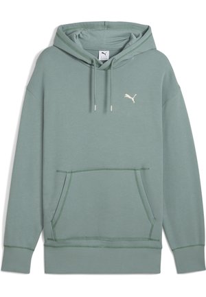 Sweat-shirt à capuche gris-vert avec une poche kangourou, des poignets et un ourlet côtelés, et un petit logo blanc sur la poitrine gauche. Texture lisse.