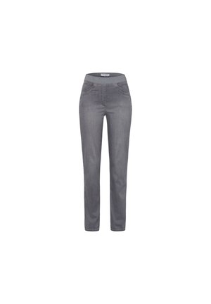 Gray denim pants with a fitted design, smooth texture, two front pockets, and an elastic waistband for comfort.