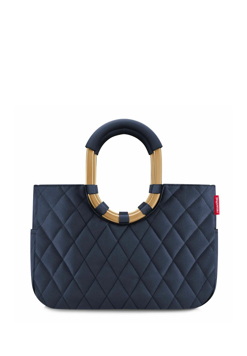 Borsa a tracolla trapuntata blu navy con manico rotondo in tonalità oro con dettagli testurizzati. Forma rettangolare con un taschino laterale.