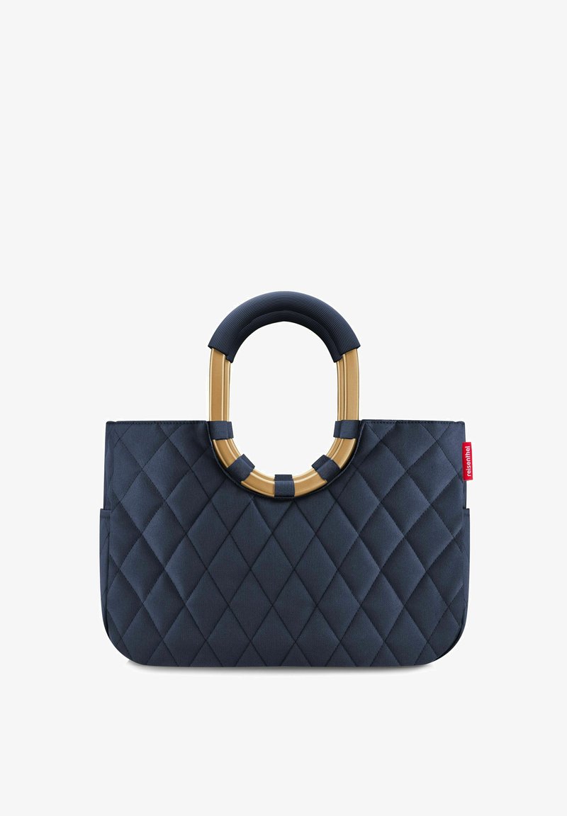 Quilted navy handbag featuring a rounded gold-tone handle with textured accents. Rectangular shape with a side pocket detail.