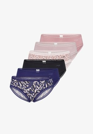 Confezione di cinque paia di lingerie femminile con colori variabili: blu navy, nero, rosa e un design a fantasia. Ogni paio presenta dettagli in pizzo.
