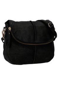 Schwarze Leder-Umhängetasche mit glatter Textur, runder Form, Klappenverschluss, goldenen Reißverschluss-Details und verstellbarem Tragriemen.