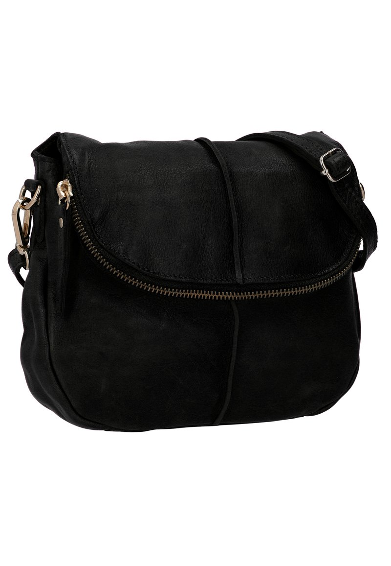 Schwarze Leder-Umhängetasche mit glatter Textur, runder Form, Klappenverschluss, goldenen Reißverschluss-Details und verstellbarem Tragriemen.