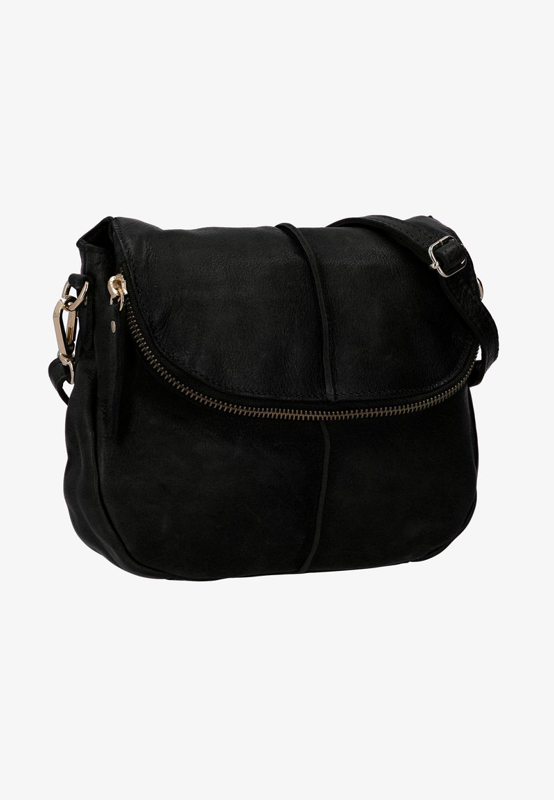 Schwarze Leder-Umhängetasche mit glatter Textur, runder Form, Klappenverschluss, goldenen Reißverschluss-Details und verstellbarem Tragriemen.