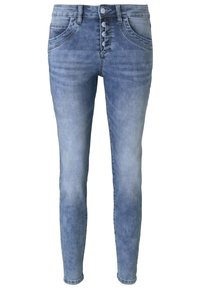 Ljusblå denimjeans med smal passform, fem fickor och knappgylf. Har blekningar och slitningar på framsidan.