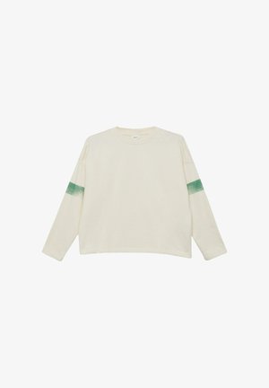 Cremefarbenes Sweatshirt mit langen Ärmeln und rundem Ausschnitt, jeweils mit einem einzelnen grünen verblassten Streifen um jeden oberen Ärmel.