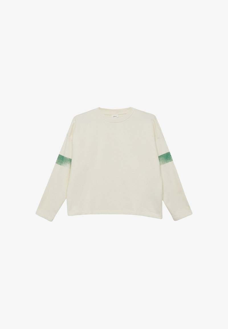 Sudadera crema de manga larga con cuello redondo y una sola franja verde desvanecida alrededor de cada parte superior de la manga.