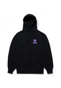 Felpa nera con cappuccio in cotone, dotata di tasca frontale e grafica a forma di cuore viola con testo. Il testo è stilizzato in un colore viola chiaro.