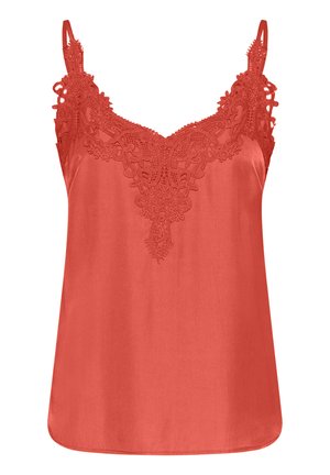 Camisole en satin corail, avec des détails en dentelle délicate sur l'encolure, des bretelles réglables et une coupe décontractée pour le confort.