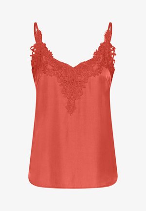 Camisole en satin corail, avec des détails en dentelle délicate sur l'encolure, des bretelles réglables et une coupe décontractée pour le confort.