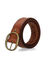 Brown leather belt with brass buckle, featuring decorative studs along the length and circular holes for adjustment. Smooth texture, rolled design.
