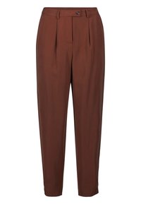 Pantalons tailleurs marron à taille haute, fermeture à bouton unique et devant plissé. Tissu lisse avec une coupe légèrement ample.