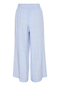 Vaaleansiniset culotte-housut, jotka on valmistettu pehmeästä kankaasta. Niissä on tekstuurinen keltainen abstrakti kuvio ja mukava elastinen vyötärö.