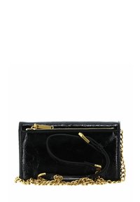 Musta kiiltävä nahkalompakko, jossa kultaiset metalliosat, vetoketjullinen osio ja irrotettava ketjuhihna; teksturoitu pinta ja suorakaiteen muotoinen.