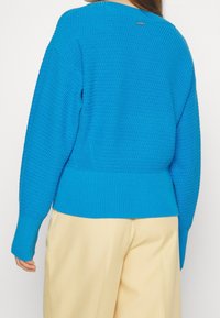 Femme portant un pull texturé bleu vif et un pantalon beige, vue de dos sur un fond blanc uni.